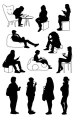 Set of women in different poses. Monochrome vector illustration of silhouettes of women standing and sitting. Black sillhouettes isolated on white background. Stencil.