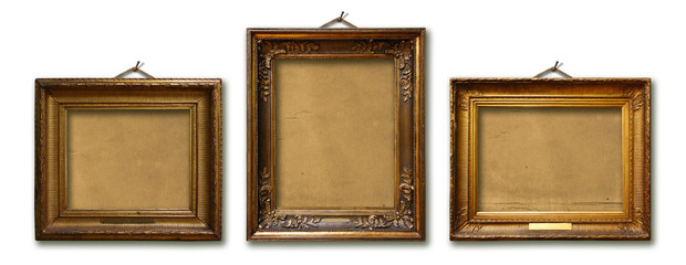 Set of three vintage golden baroque wooden frames on  isolated background
