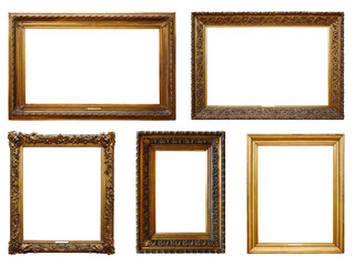 Set of three vintage golden baroque wooden frames on isolated background