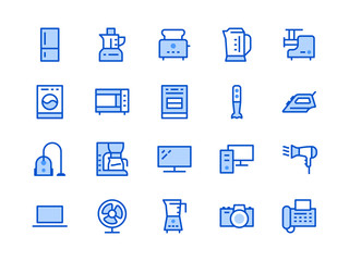 Household Appliances, Electronics Store Line Icon. Vector Illustration Flat style. Included Icons as Microwave Oven Stove, Iron, Vacuum Cleaner, Washer, Computer. Editable Stroke. 30x30 Pixel Perfect