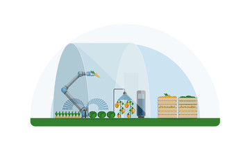 Modern greenhouse with robot arm. Smart farming and digital agriculture 4.0