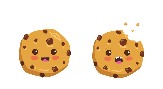 Vetor de Kawaii cartoon chocolate chip cookie character with funny face.  Cute happy cookie mascot vector illustration isolated on white. Kids menu  design concept. Smiling and surprised face food emoji. do Stock |
