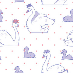 Vector Swan Pond with Pink Dots seamless pattern background.