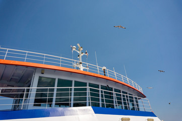 Ferry on the sea transports cars and travelers