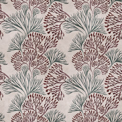Seamless pattern with marine plants. Corals and algae. Watercolor pattern. Suitable for textile design, paper, wedding decor.