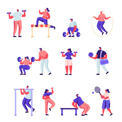 Naklejka premium Set of Flat Professional Sport Activities Characters. Cartoon Male and Female Sportsmen, High Jump, Vaulting Horse, Pole Jumping, Core Shot, Gymnastics Exercises. Vector Illustration.