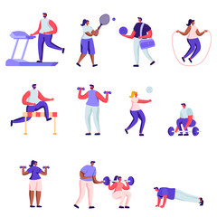 Set of Flat Professional Sport Activities Characters. Cartoon Male and Female Sportsmen, High Jump, Vaulting Horse, Pole Jumping, Core Shot, Gymnastics Exercises. Vector Illustration.