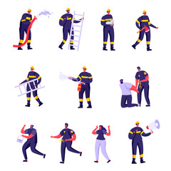 Set of Flat Firefighters, Policemen and Victims Characters. Cartoon Police Officers and Firemen at Work. Criminal Steal Bag, Male in Uniform Spraying Water. Vector Illustration.