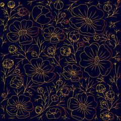  Flower texture. Contour image of buds, flowers, stems and leaves. The contour is made of a gold gradient. Background dark gradient. Vector illustration.