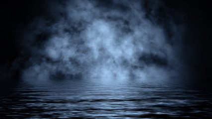 Smoke with reflection in water. Mistery blue fog texture overlays background. Design element.