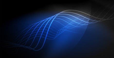 Glowing abstract wave on dark, shiny motion, magic space light. Techno abstract background