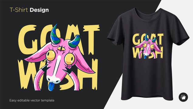 Funny goat. Prints on T-shirts, sweatshirts, cases for mobile phones, souvenirs. Isolated vector illustration on black background.
