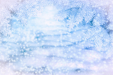 Winter scenic background. Christmas snow landscape with snowdrifts and spruce branches covered with snow in the frost. Falling snow on nature outdoors close-up