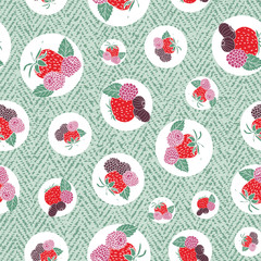 Berries and leaves with circles seamless pattern background.