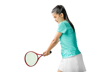 Asian woman with a tennis racket in her hands