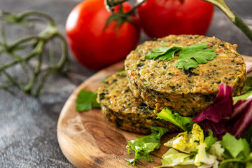 Vegetarian food Wheat Gluten Steaks with spinach