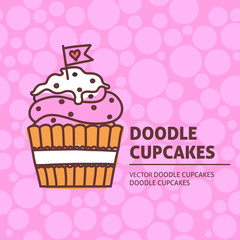 A vector template with doodle cupcakes. Freehand outline food vector desing for a flyer or a poster.