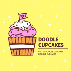 A vector template with doodle cupcakes. Freehand outline food vector desing for a flyer or a poster.
