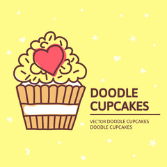 A vector template with doodle cupcakes. Freehand outline food vector desing for a flyer or a poster.