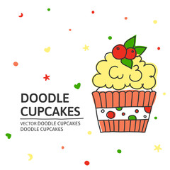 A vector template with doodle cupcakes. Freehand outline food vector desing for a flyer or a poster.