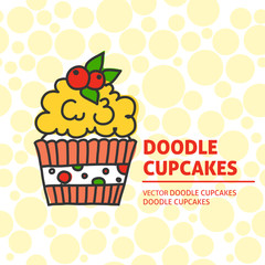 A vector template with doodle cupcakes. Freehand outline food vector desing for a flyer or a poster.