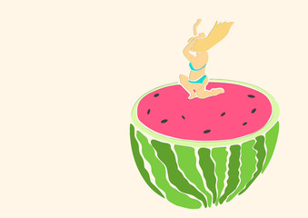 Young woman in bikini jumping into watermelon. Healthy food and lifestyle symbol. Applique or paper cut style. Colorful vector illustration.