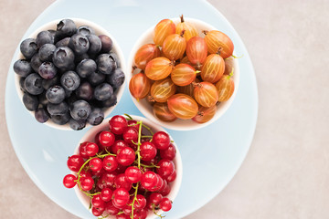 Fresh berries in white bowls on a blue plate and gray background. Blueberries, gooseberries and red currants. Top view.