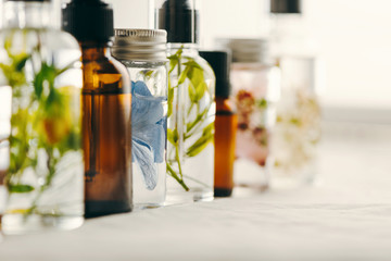 Transparent Bottles of essential oil with fresh herbs.