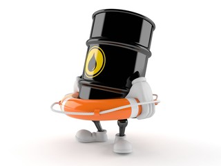 Oil barrel character holding life buoy