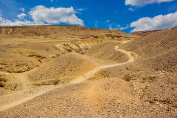 bright yellow picturesque desert sand stone dunes of national Red canyon park in Israel with narrow trail and rocky natural environment 