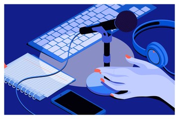 Music or podcast background with headphones, microphone, notebook,keyboard on table