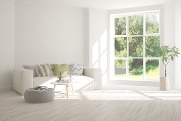 Stylish room in white color with sofa and summer landscape in window. Scandinavian interior design. 3D illustration © AntonSh