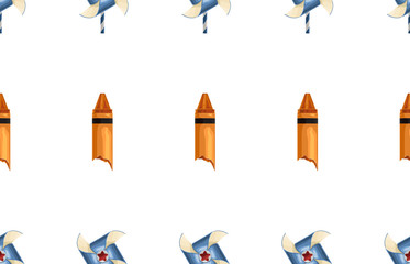Crayons and paper windmill seamless pattern.