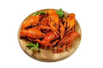 Boiled crayfish on wooden cutting board isolated on white background
