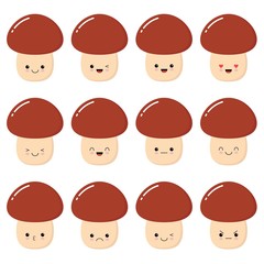 Set of funny porcini mushroom character with human face showing various emotions, cartoon vector illustration isolated on white background.