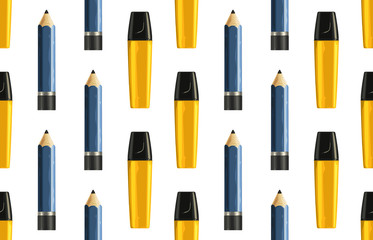 Seamless back to school pattern with colored markers and rulers.