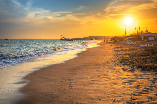 Beautiful beach scenery on Turkish Riviera at sunset, Side