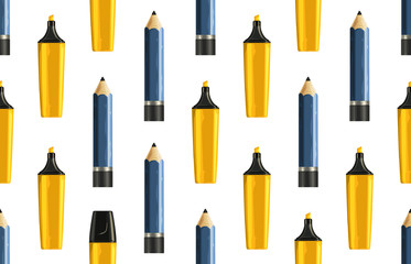 Seamless back to school pattern with colored markers and rulers.