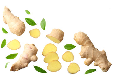 sliced ginger with leaves isolated on white background top view