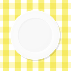 White empty plate on yellow checkered tablecloth. Top view. Vector illustration, flat design