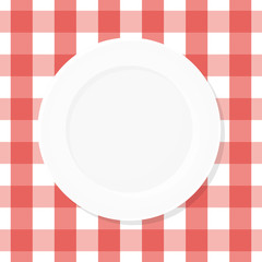 White empty plate on red checkered tablecloth. Top view. Vector illustration, flat design