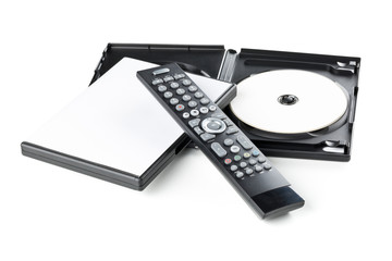 DVD, CD-ROM or Blu-Ray disc with tv or disc player remote control and plastic box on white...