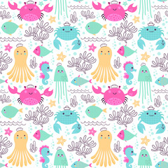 Seamless vector pattern with crabs, octopuses, seahorses, fishes, sea stars and jellyfishes.