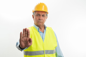 Builder making forbidden gesture