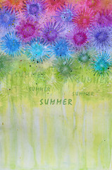 Watercolor illustration of abstract summer flowers on a green background with an inscription summer, there is a place for your text. Greeting postcards, prints, packaging design.