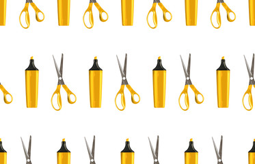Bright back to school seamless pattern with highlighters and pairs of scissors.