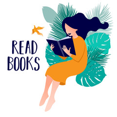 Read books. Vector illustration of girl reading a book in flat art style with tropical palm leaves on background. Concept illustration of learning, distance studying and self education.