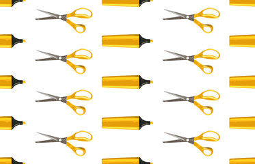 Bright back to school seamless pattern with highlighters and pairs of scissors.