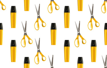 Bright back to school seamless pattern with highlighters and pairs of scissors.