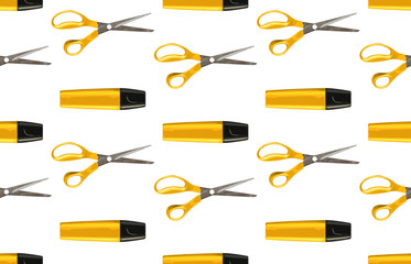 Bright back to school seamless pattern with highlighters and pairs of scissors.